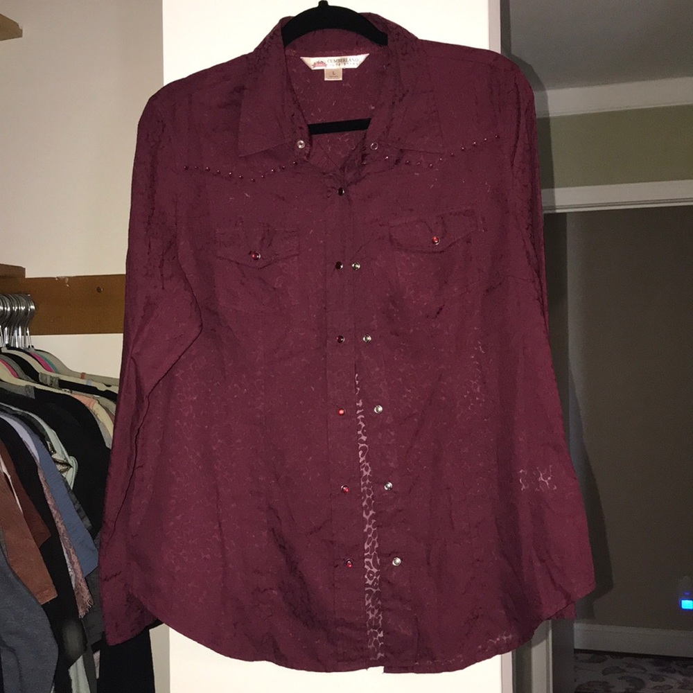 Burgundy button snap sheer cheetah print shirt
